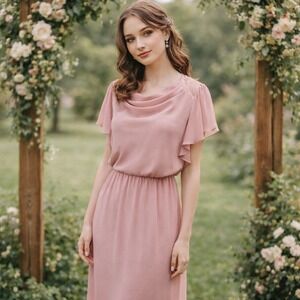 Vintage 70s Pink Chiffon Dress L.T.D. by Roberta Cowl Neck Flutter Sleeve